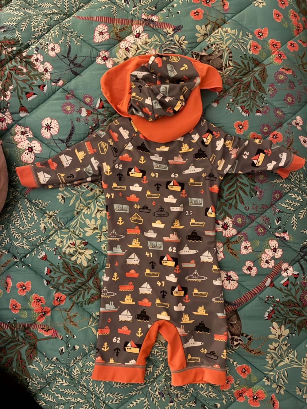 Baby Boat-Print Rashguard One-Piece - Gray & Orange 18-24M